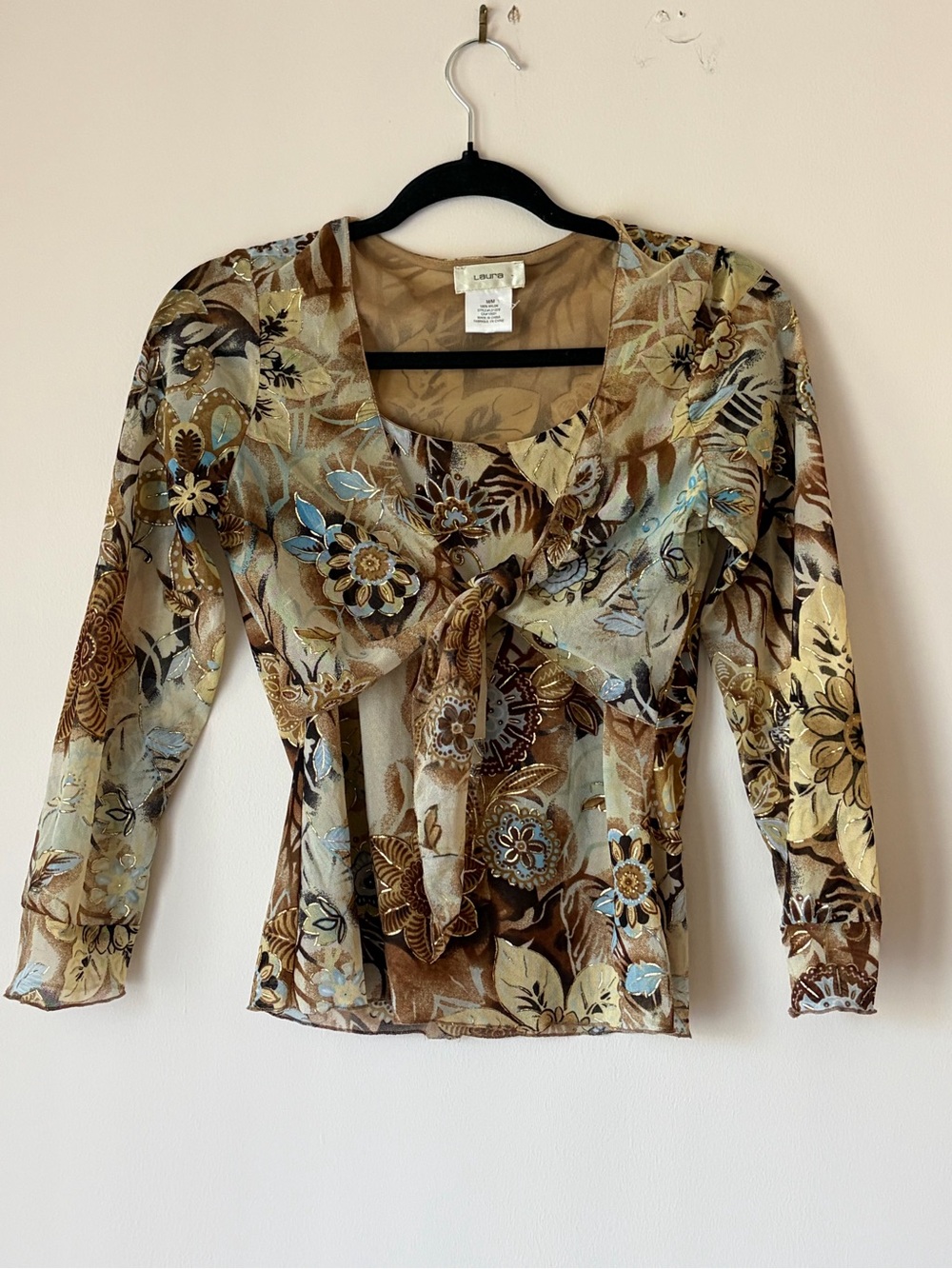 Y2K Brown Teal Floral Cami with attached Tie-Front Sheer vintage Shrug